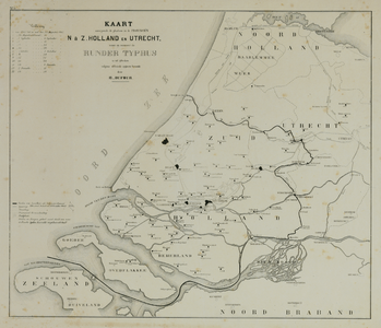 29126 Kaart van de provincie Zuid-Holland en gedeeltelijk Noord-Holland en Utrecht met aanduiding van de plaatsen waar ...
